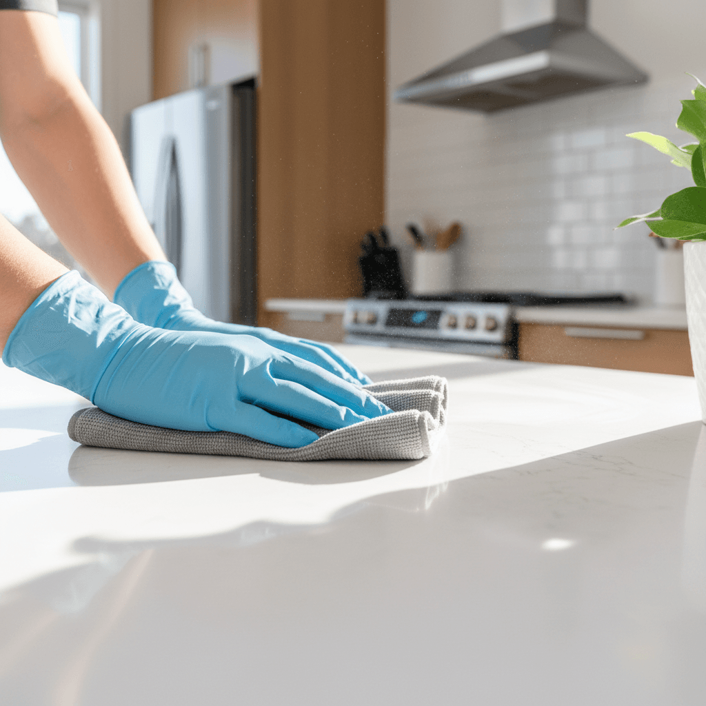 Professional cleaner wiping down a modern kitchen countertop in a bright residential home