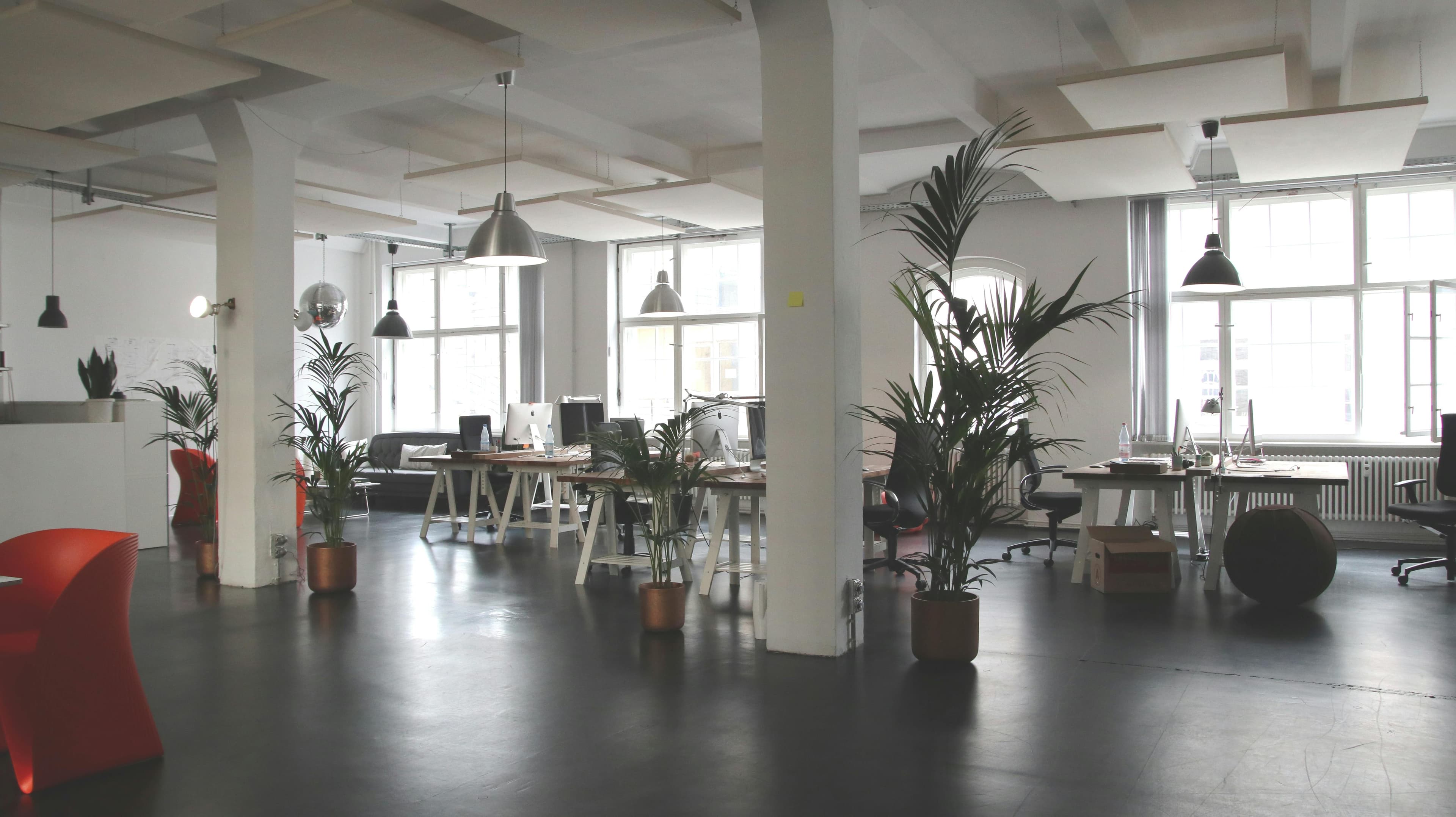 Bright industrial office space with white pillars, potted plants, wooden desks, and large windows.